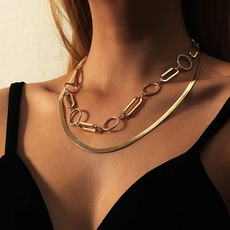 

Hot Selling Multi Layer Necklace Fashion Handmade Geometric Snake Chains Choker Necklace For Women Girls, Gold