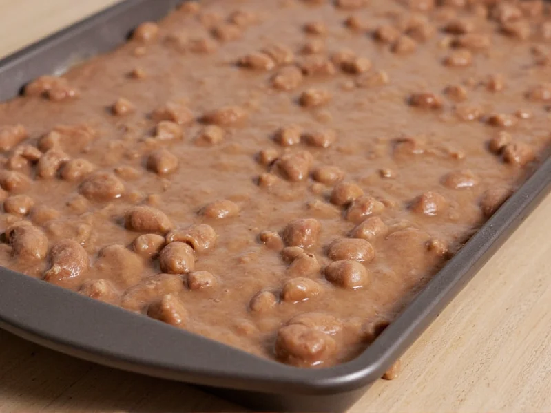 Homemade payday candy bar mixture being pressed into pan