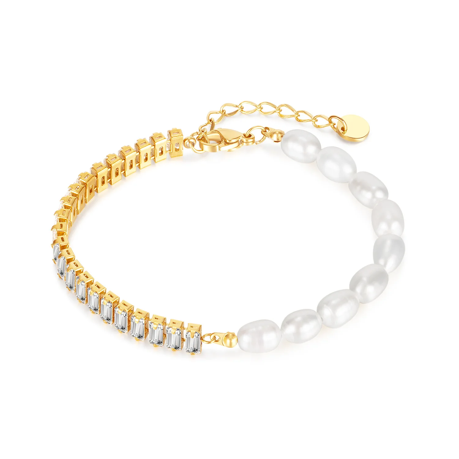 

New top fashion stainless steel chain with zircon 18k gold plating natural pearl bracelet100% nature freshwater pearl bracelet