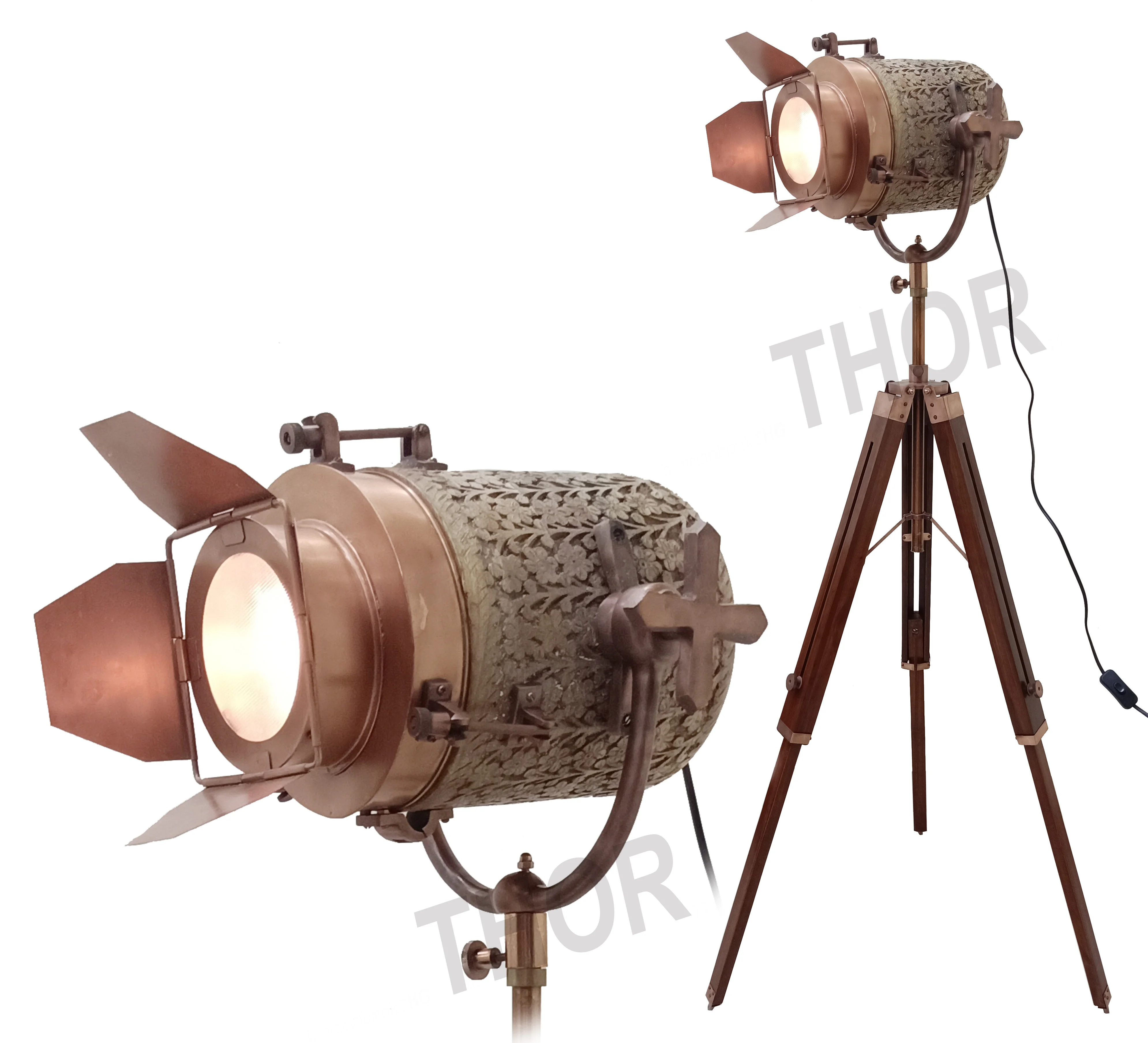 Spotlight Floor lamp W/ Wooden Tripod Stand Floor Spot Light