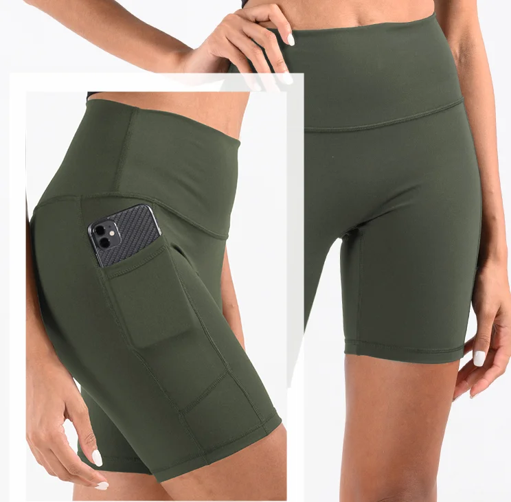 

SY0710 Women's High Waist Yoga Short with Side Pocket Workout Tummy Control Bike Shorts Running Exercise 8inch Spandex Leggings