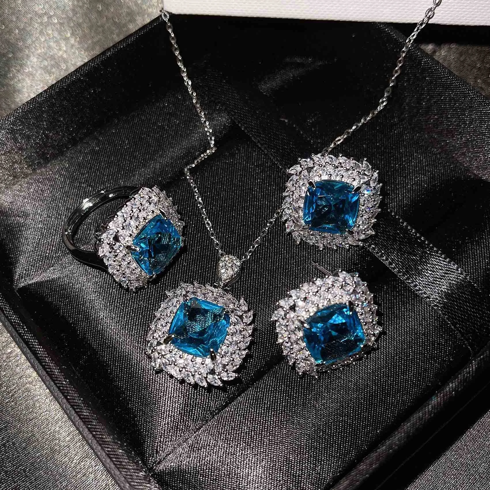 

Women Jewelry Set Dazzling Square Zircon Ring Earring Purple Dazzling Zircon Pendant Necklace Gift, Customized color