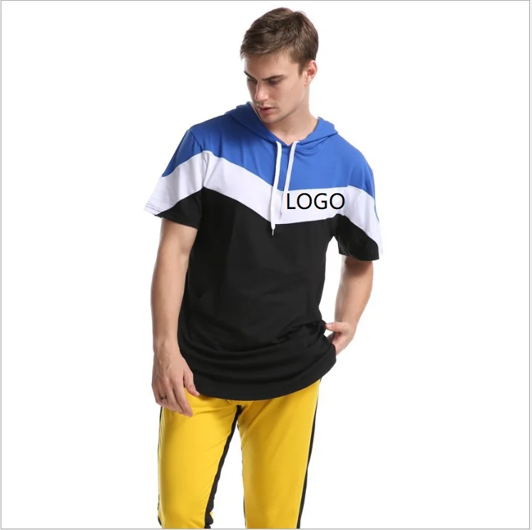 

Multiple Colour 2020 Cross Border Hot Sale Amazon Mens Hooded Sweater Sports Style Stitching Ins Burst Short Sleeve