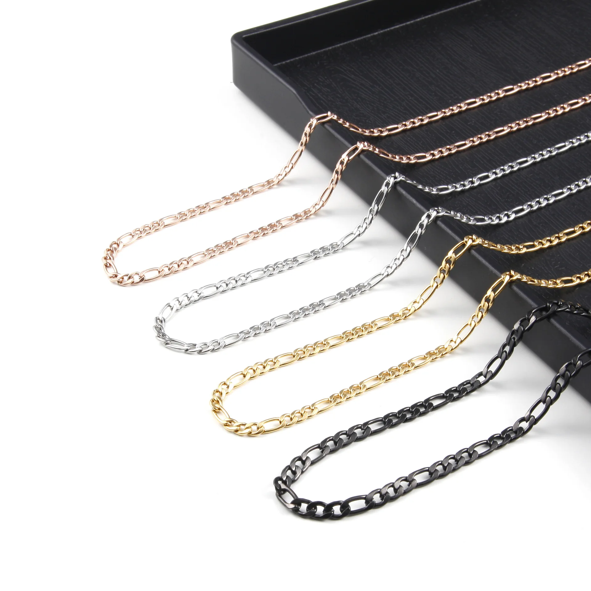 

classic gold plated stainless steel figaro chain necklace for men women jewelry, Golden/black/rose gold/steel