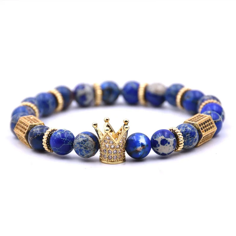 

European Men's Royal Hand Jewelry Elastic Natural Blue Emperor Stone Geometric CZ Beads Crown Charm Bracelet