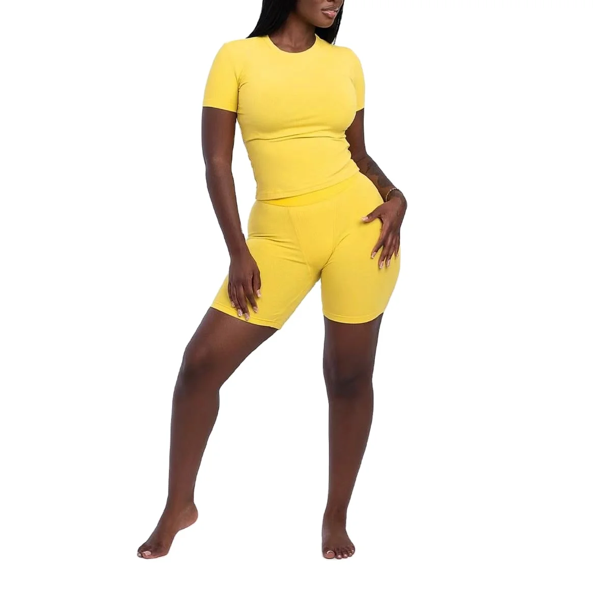 Women's Casual Summer Outfit Set Yellow Classic Ribbed Tshirt & Short Matching for Lounge Wear Dupe Wholesale Clothing