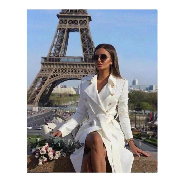 

Fashion Solid Double Breasted Long Coats Fitted Long Sleeve Trench Coat For Women