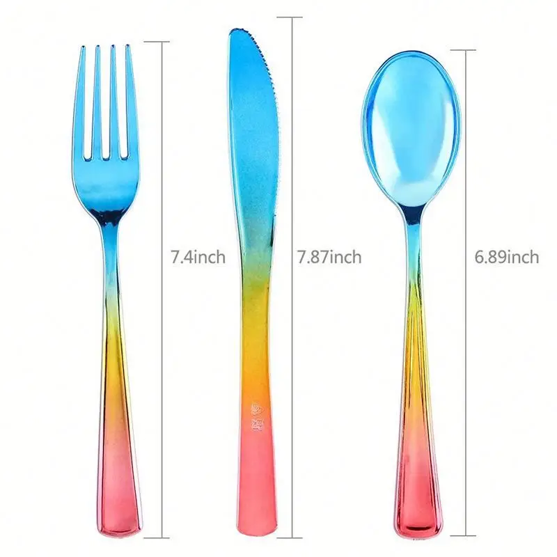 Disposable flatware silverware rainbow plastic spoons forks and knives cutlery set for wedding gift events