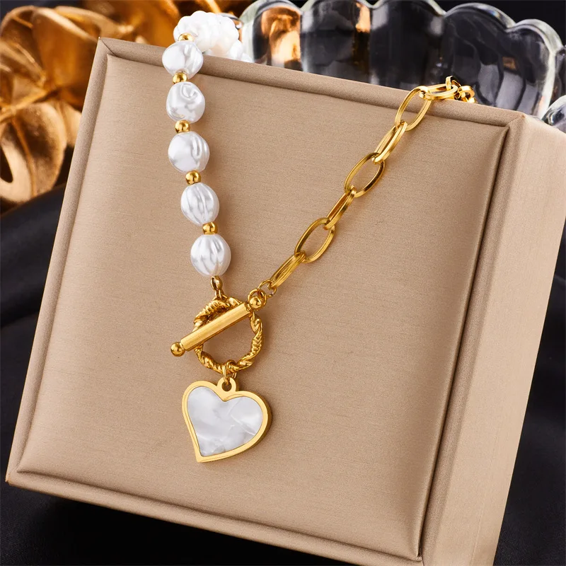 

New Stainless Steel 18k Gold Plated Asymmetrical Splicing OT Buckle Shell Heart Pearl Necklace Bracelet Set Jewelry For Women