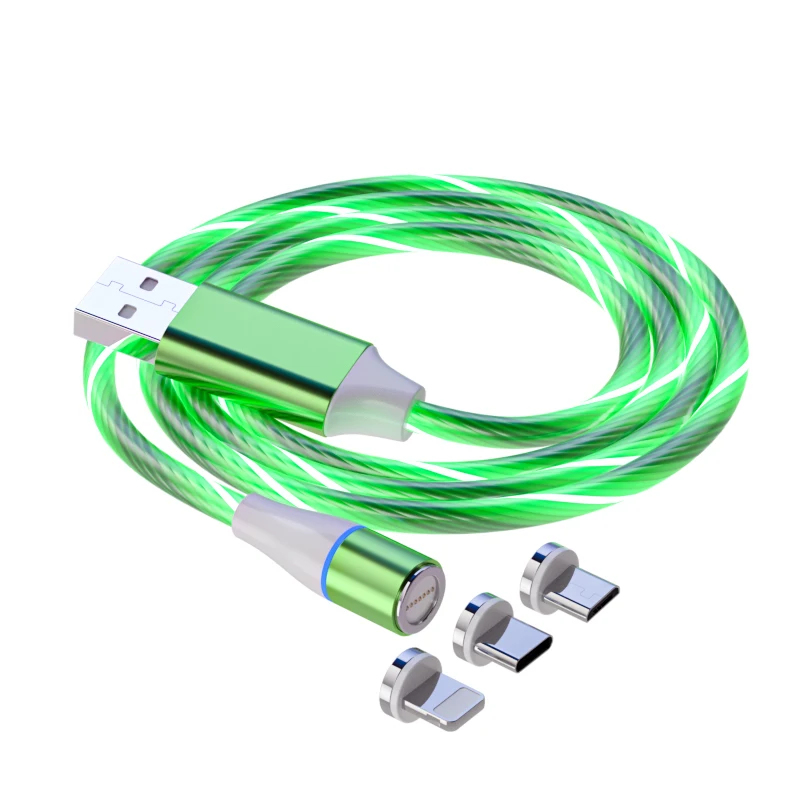 

V24D 3 in 1 360 Rotation Luminous Magnetic Phone USB Data Cables 1M 3FT Flowing Light LED 3 en 1 3A Fast Charging Megeneti Cable, Blue, green,red, multi color