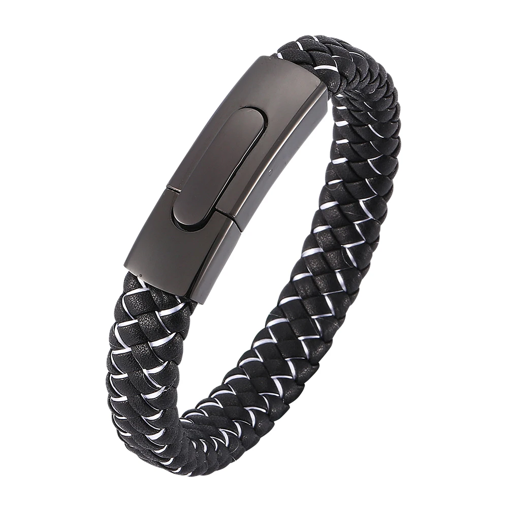 

Jewelry Black Leather Rope White Nylon Rope Mixed Weave Male Bracelet Stainless Steel Clasp Man Bracelete Gift SP0046