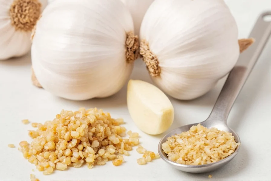 Close-up comparison of fresh garlic cloves next to measuring spoon with granulated garlic showing 1/8 teaspoon measurement