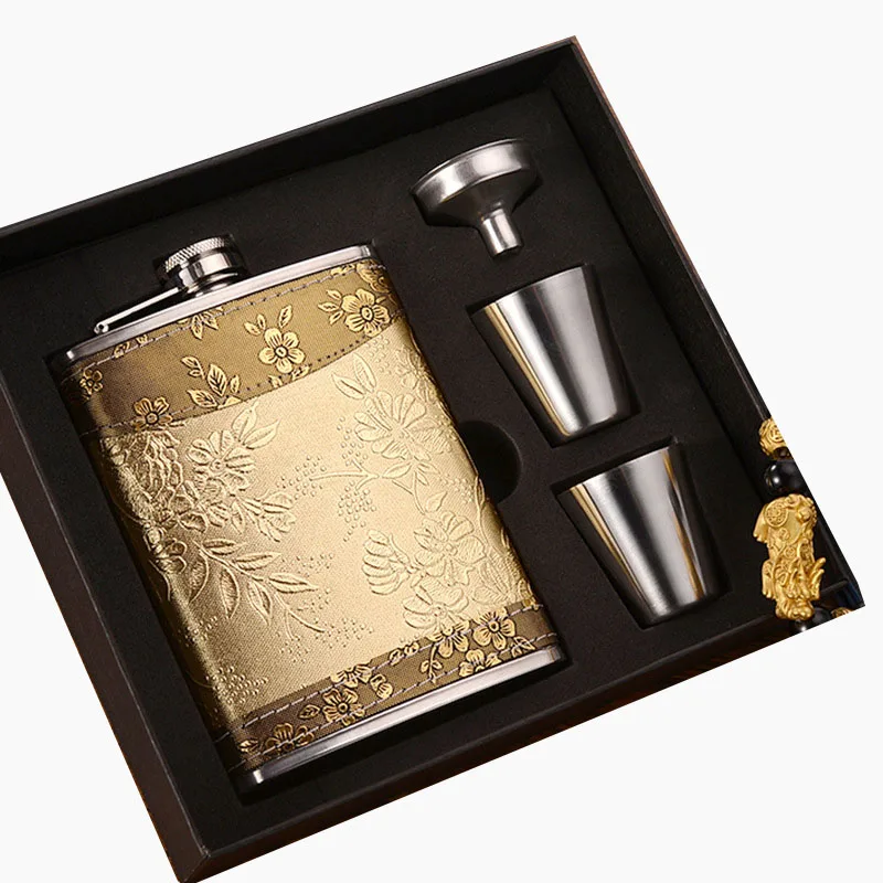 

Custom Emboss 8 Oz Yellow Flower Leather Liquor Flasks Embossed Stainless Steel Hip Flask Gift Set with Funnel Cups, As picture