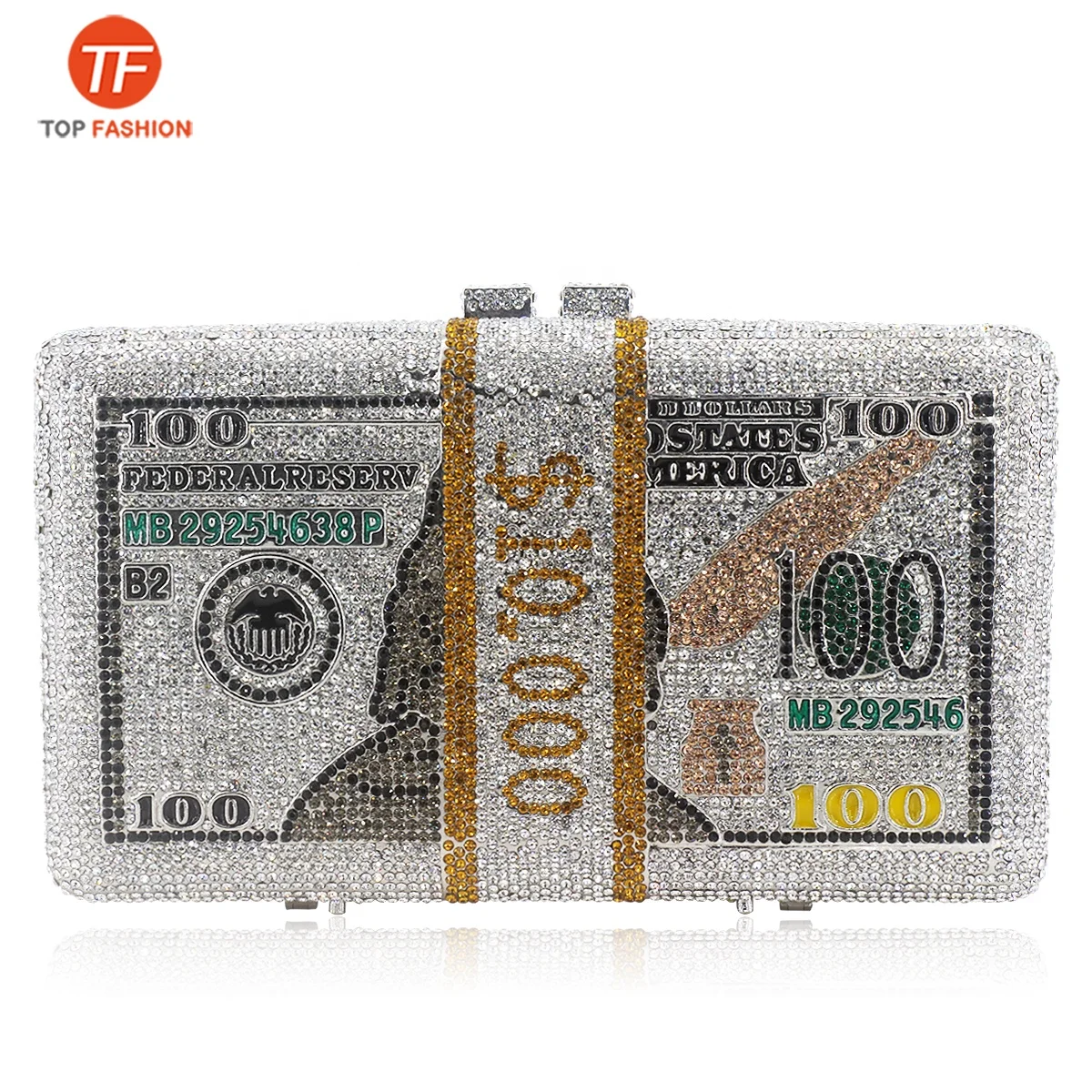 

2020 New Design Luxury Money Purse Diamond US$100 Dollar Crystal Clutch Cash Evening Party Purse bags, ( accept customized )