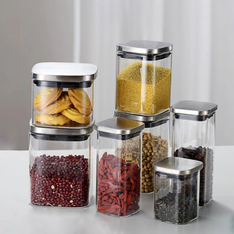 

D100 800ml High borosilicate square glass jar food storage bottles with stainless steel lid