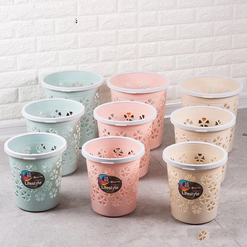 

Hollow Small Home Office Plastic Paper Basket Circular Trash Bin, Pink,blue,khaki