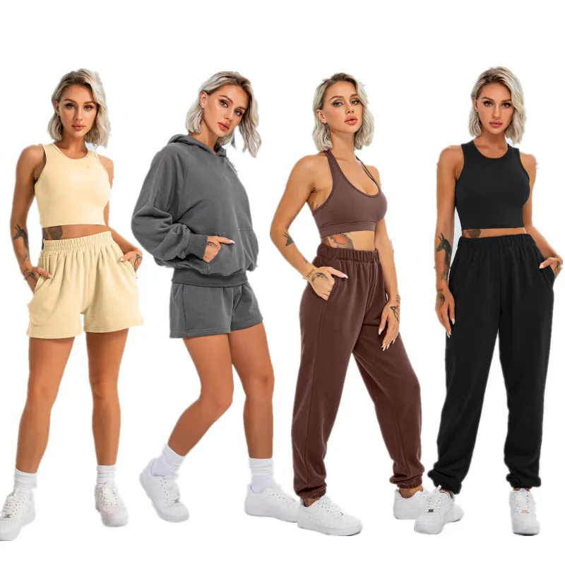 

5 pieces women Autumn Winter Hooded Sweatshirt Sweatpants Fashion sport gym Slim Fit women Pant suit crop top hoodie set