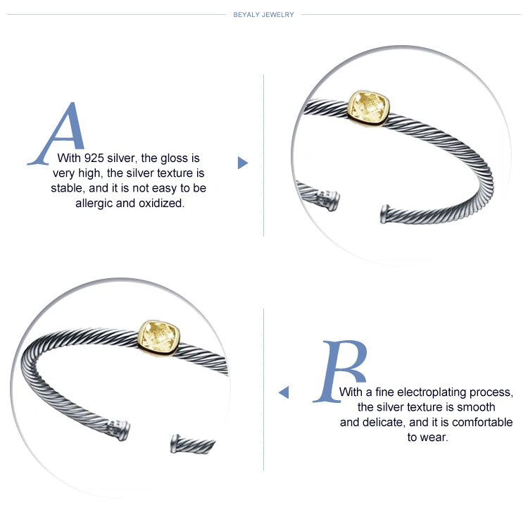 Fashion yellow stone cheap silver thread cable bracelet