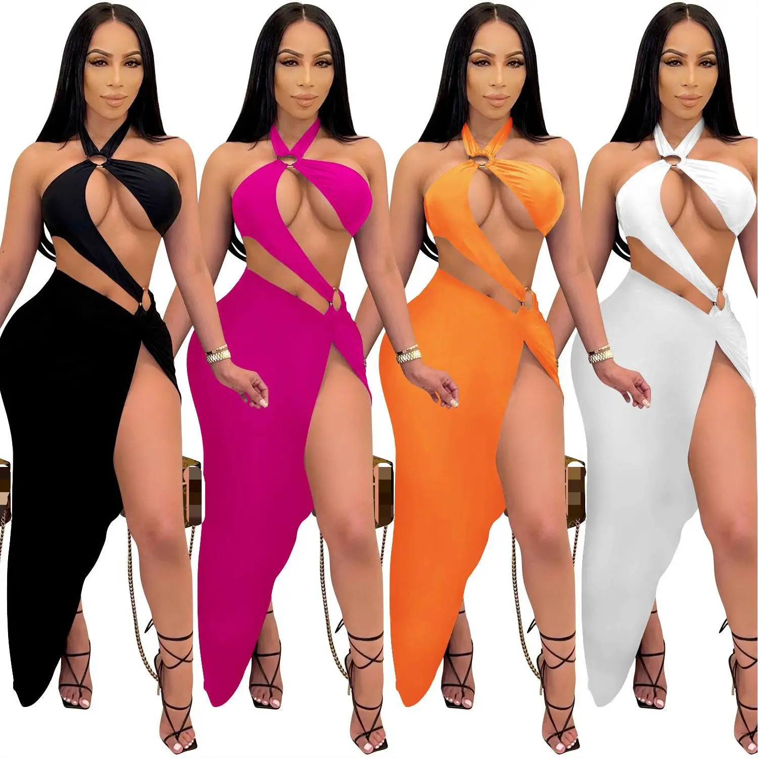 

HT5082 Summer halter high split sexy club dress two piece sets women fashion plus size dress, Picture show