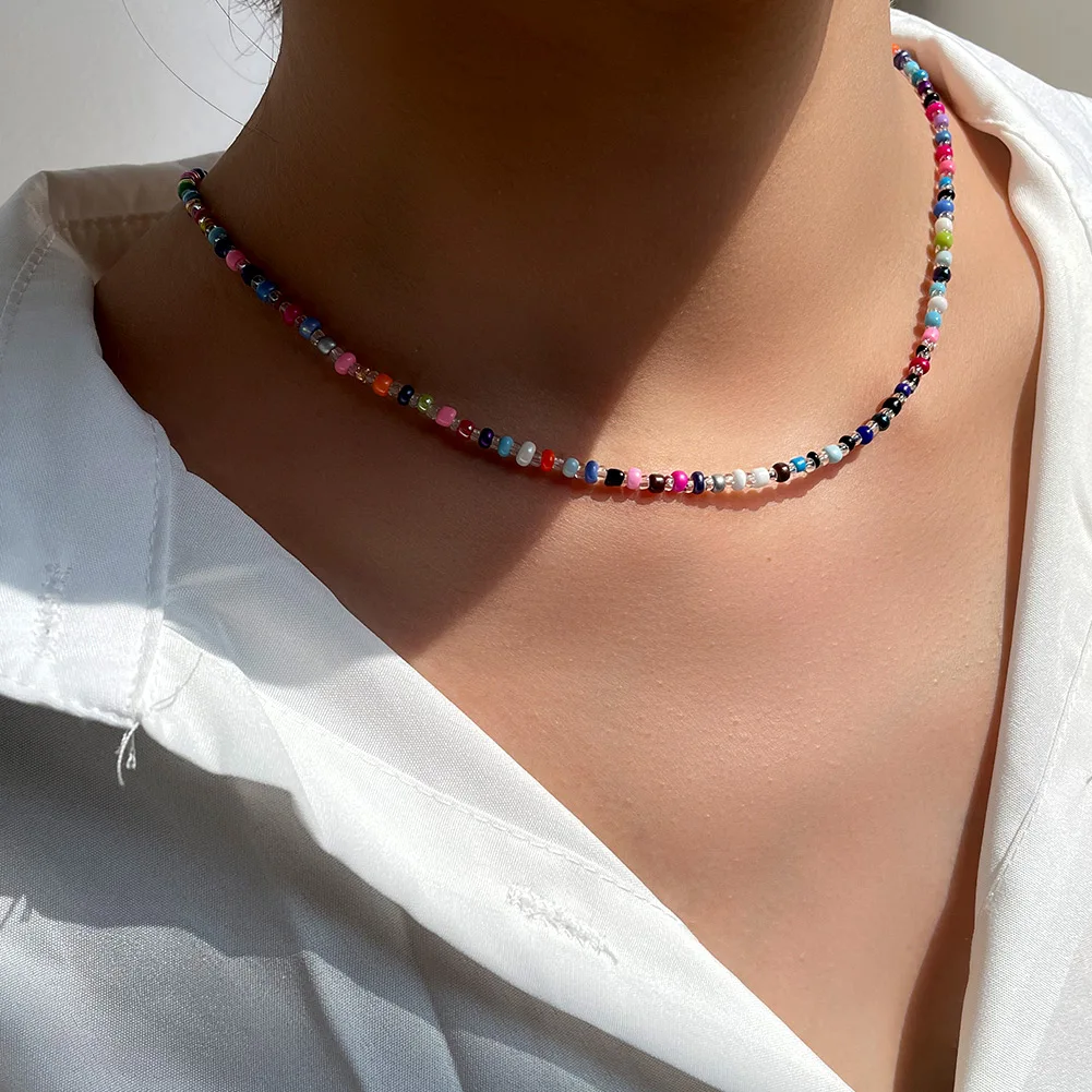 

New Arrival 18k Gold Plated Colorful Rice Beads Clavicle Necklace For Women Matching Beaded Necklace