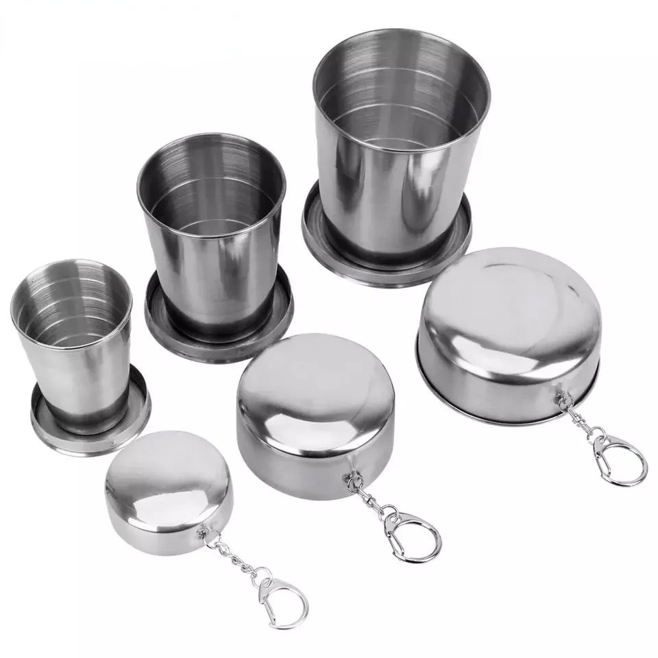 

75ml/150ml/250ml Stainless Steel Collapsible cup Camping Outdoor Water Drink Cup Hip Flasks With Keychain, Silver