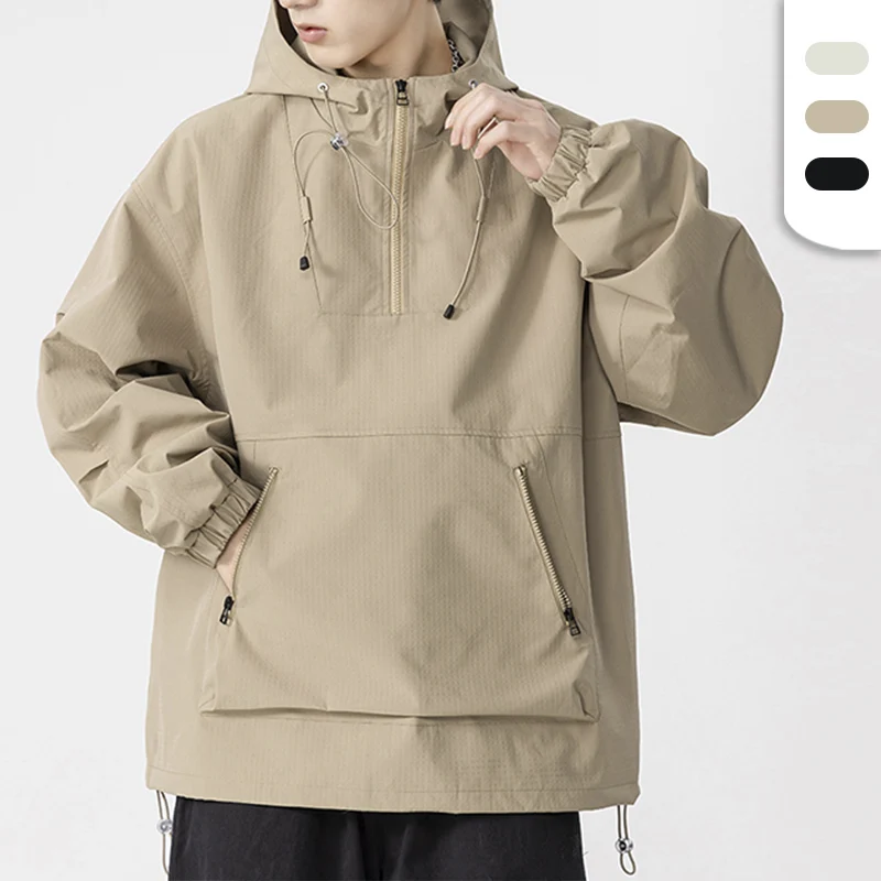 Men's Custom Logo Half Zip-up Hoodies With Zip Front Pocket Elastic Cuff and Hem Spring Polyester Pullover Jacket Hoodies