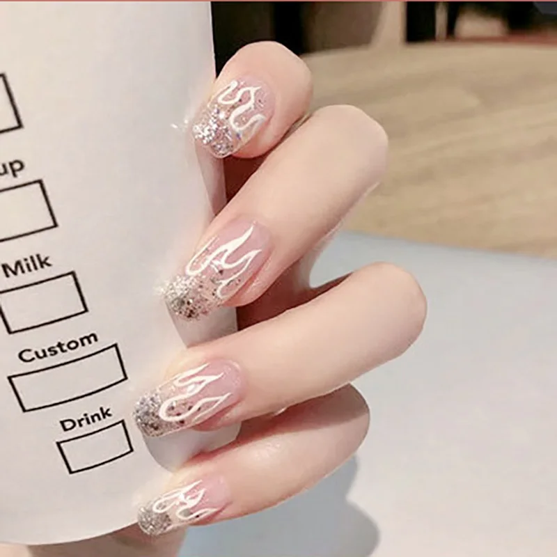 

P136 artifical false finger nail tips skin colour with Flash powder Flame pattern press on salon false nail fashion decorated, Picture