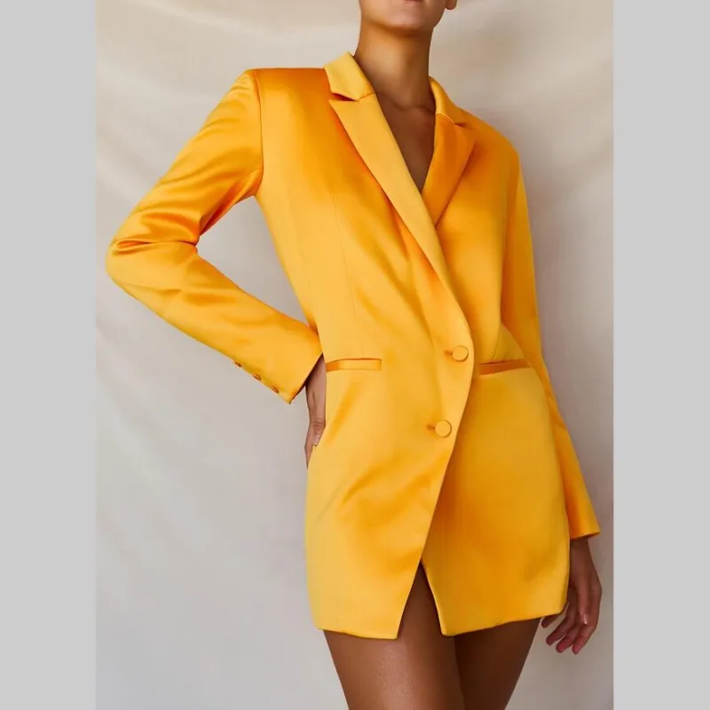 Chic yellow blazer women long sleeve office wear coat solid female jacket suits casual outerwear tops Y12365
