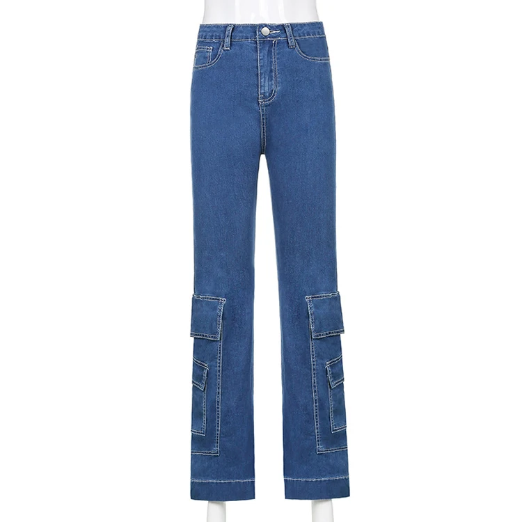 

Streetwear Casual Pockets Patchwork Vintage Denim Long Pants Trousers Ladies High Waist Wide Leg Jeans Women, Multi color