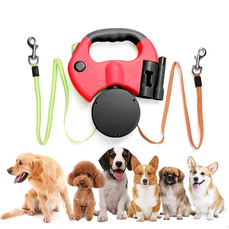 

Automatic Retractable Belt Tangle-Free Dual Doggie Pet Leash, Black,red