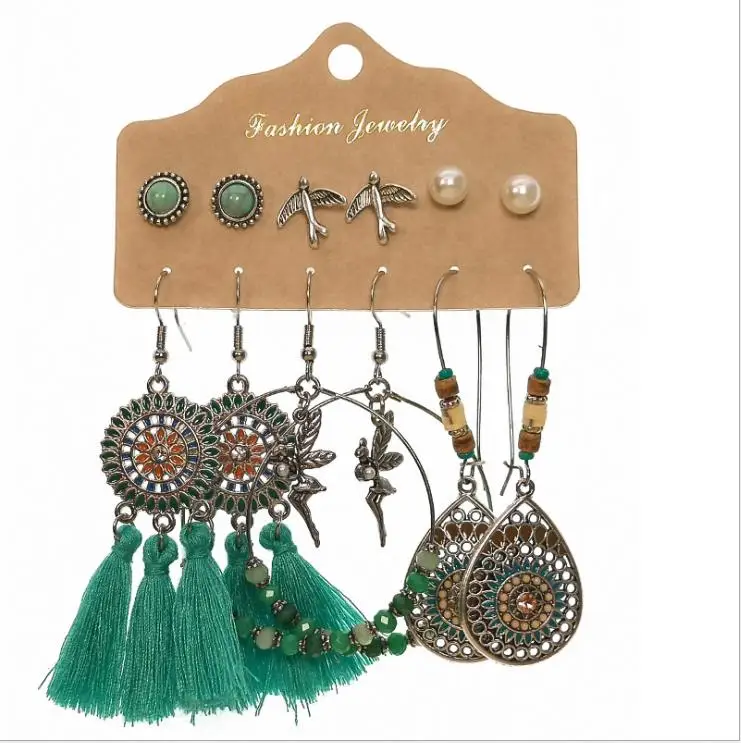 

Vintage Big Round Multicolor Jewelry Sets for Woman Ethnic Boho Tassel Long Drop Earrings
