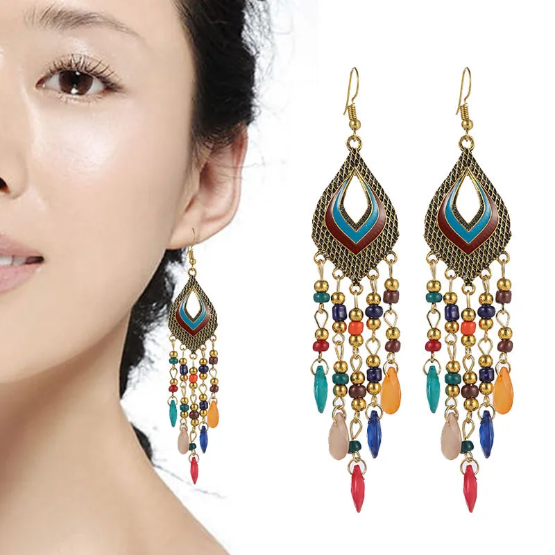 

New Design Handmade Wood Gold-plated Bohemian Earrings Jewelry Water Drops Fashion Ladies Earrings Gift, Blue,black,red,pink,colorful