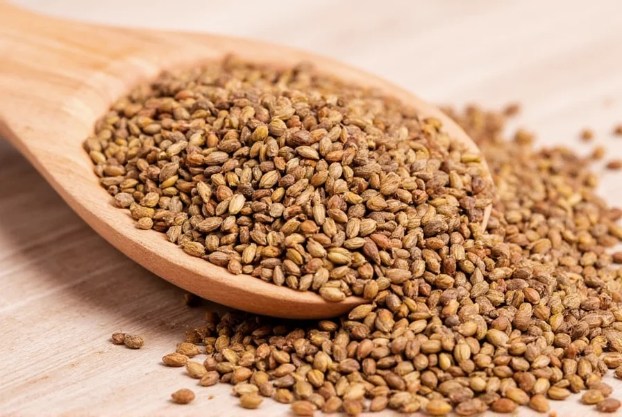 Close-up of golden brown cumin seeds in a wooden spoon