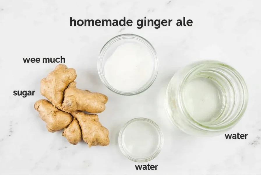 Fresh ginger root, sugar, water, and glass jar arranged for homemade ginger ale preparation