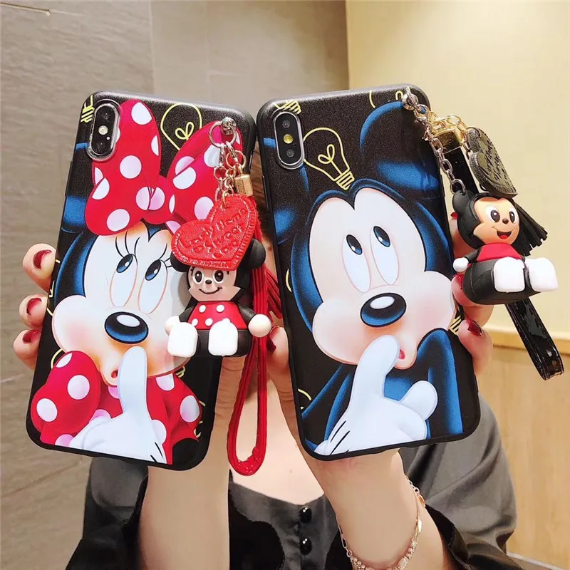 

Free Shipping Anime Tassel Doll Belt Mickey Minnie mouse Phone Case For iPhone 12 pro max 12 Mini 11 XS X Cover, Colorful