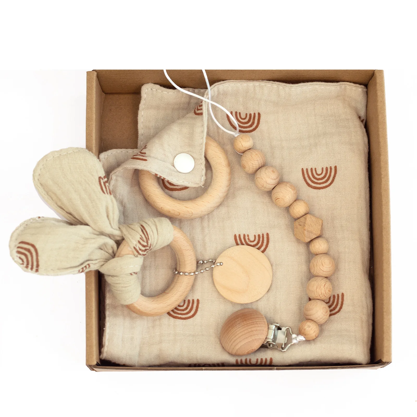 

Eco Friendly Sanitary Baby Bibs Soother Blanket Wooden Pacifier Chain Teething Ring with Cotton Bib Baby Toy Set