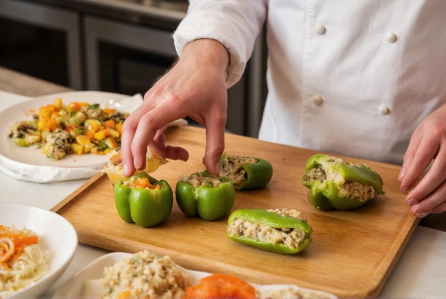 Chef preparing stuffed peppers with Anaheim peppers as a poblano substitute