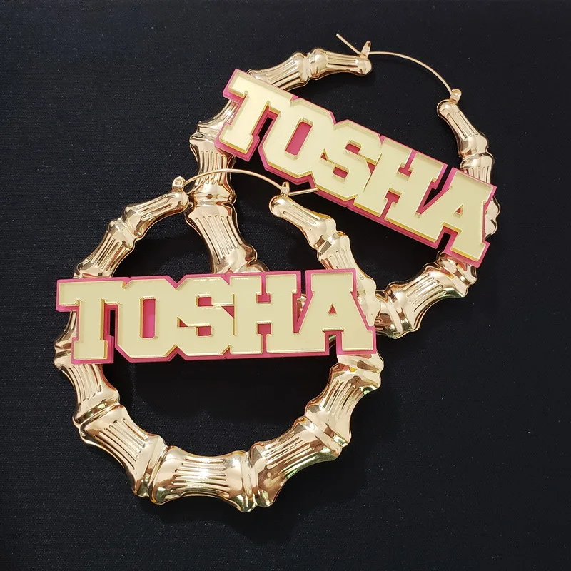 

INS Hot Selling Bling Bling Acrylic Name Custom Bamboo Hoop Earring For Girls, As the pictures