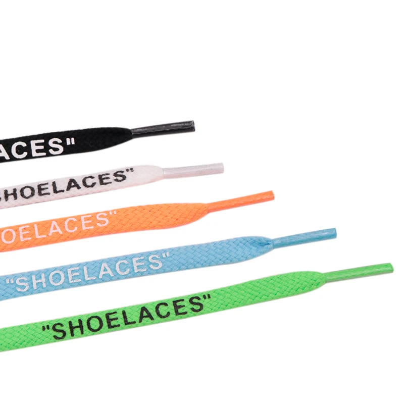 

Weiou Manufacturer Cotton Polyester Signed Jointly Elastic Flat Shoelace With Printing "SHOELACES" For jordan And OW Sneakers, Black white green and orange support customized color