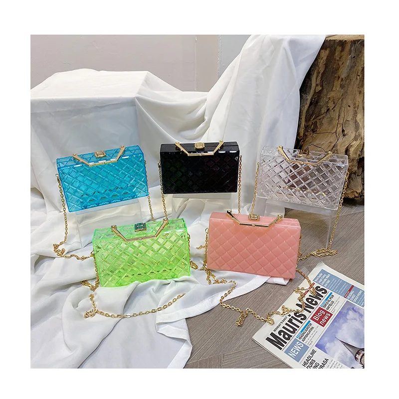 

Clear Jelly Acrylic Box Handbags Women Metal Handle Transparent Diamond Lattice Crossbody Bags Evening Party Shoulder Bag Totes