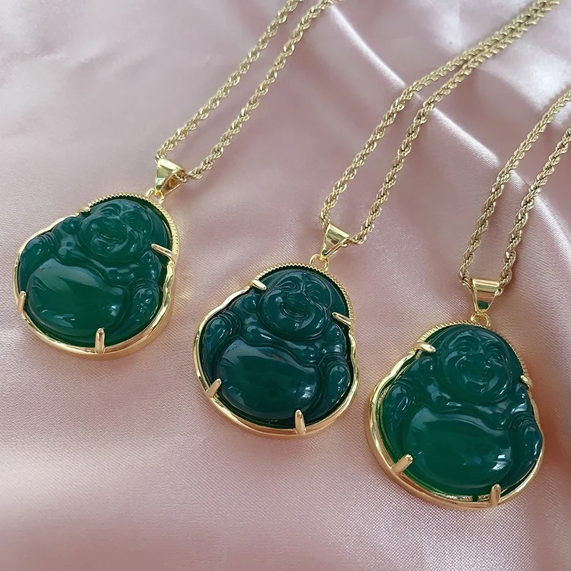 

iced out mens gold plated lab diamond hip hop green jade buddha pendant
