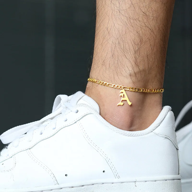 

New Design Initial Letter 26 A-Z Old English Alphabet gold plated Stainless Steel Anklet Necklace