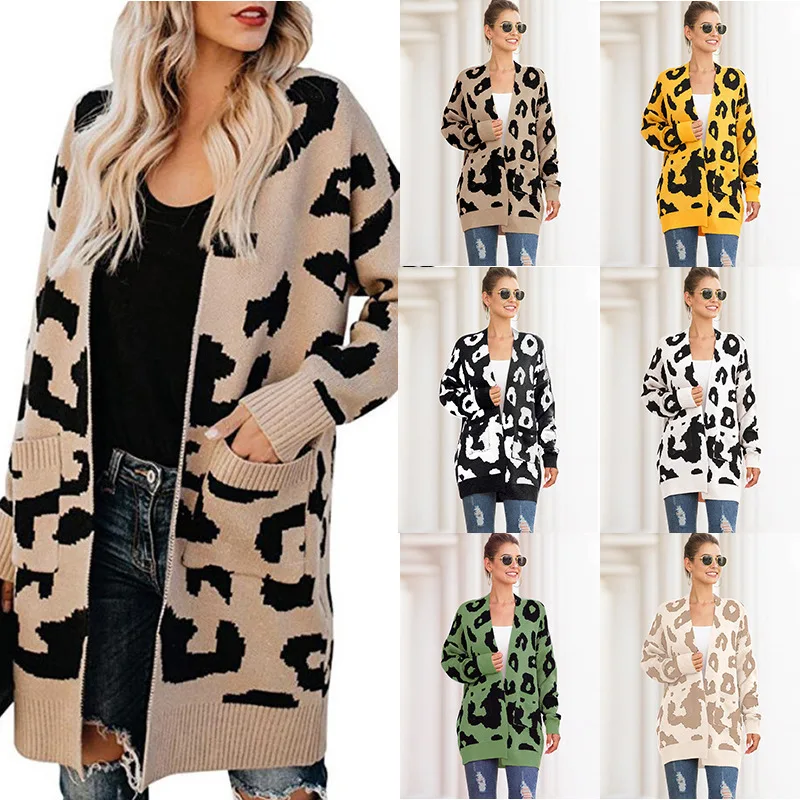 

Women long cardigan sweater with pocket leopard knitted winter loose cardigan for women, Customized color