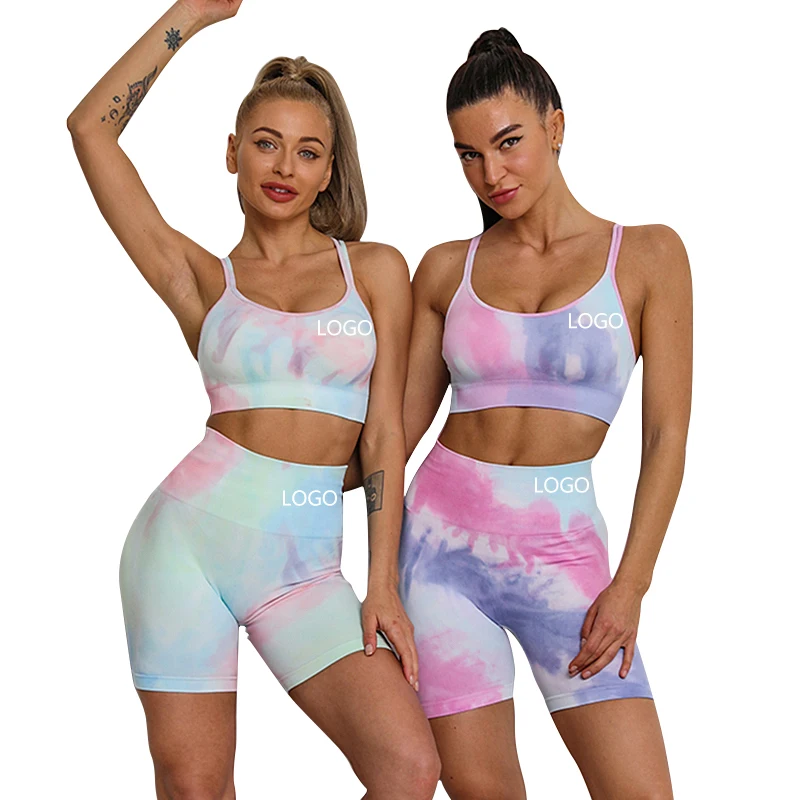 

Women Tie Dye Print Yoga Set Gym Clothes Sleeveless Crop Top And Leggings Fitness Tracksuit Workout Push Up Sports Suit, Accept customized workout yoga set