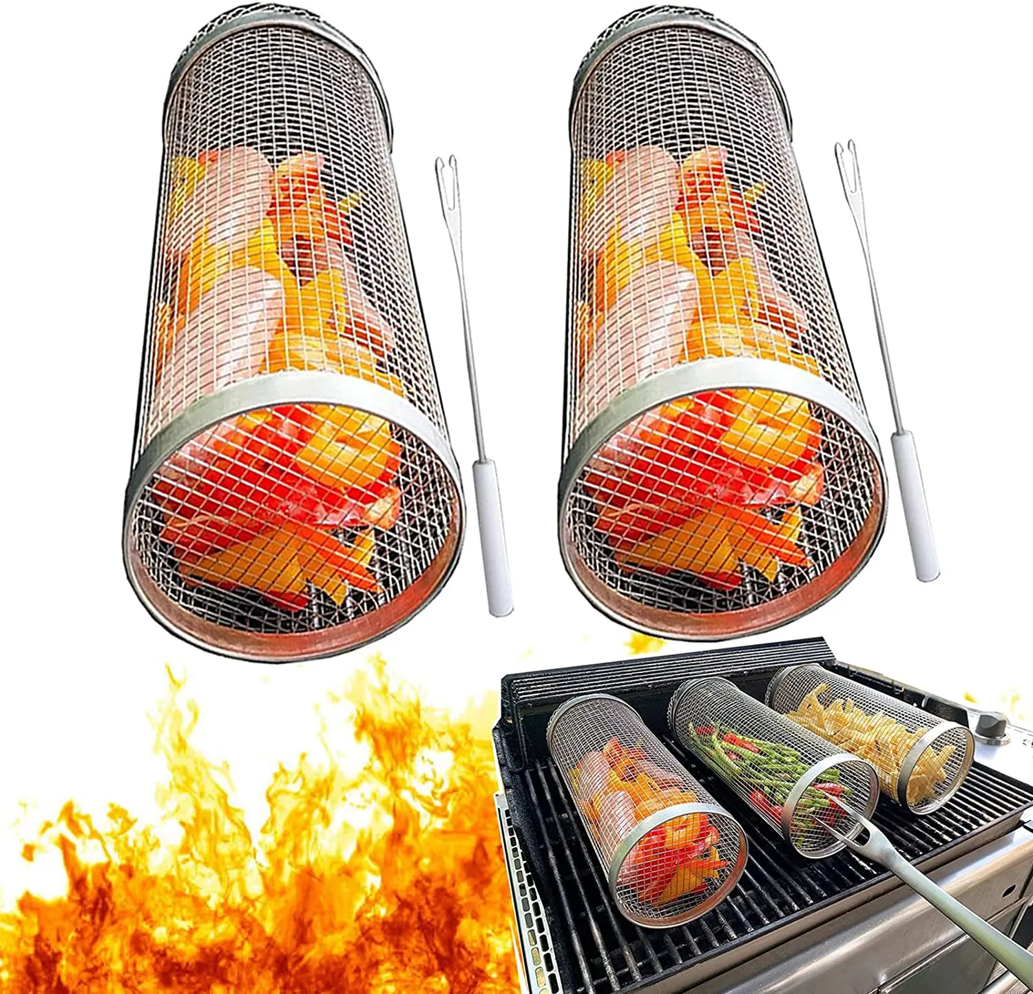 

Rolling Grilling Basket - Greatest Grilling Basket Ever Round Stainless Steel BBQ Grill Mesh Camping Barbecue Rack