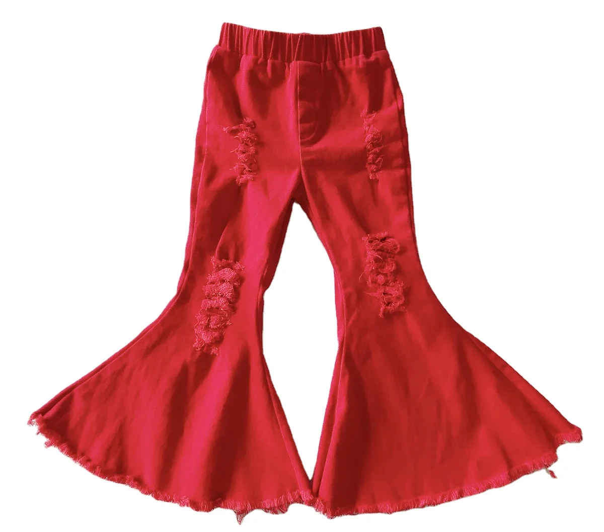 

Wholesale Hot-selling Kid's Spring Casual Red Hole Distressed Bell Bottoms Jeans Bell Bottoms Denim Pants, Picture showed