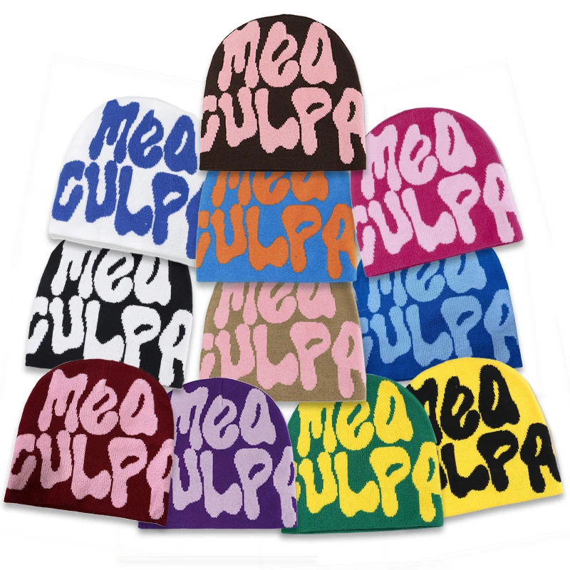 38 colors in stock custom logo beanie hats custom logo manufacturer with reversible mea culpa y2k embroidery jacquard