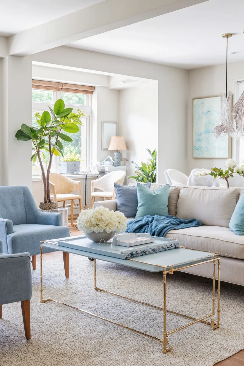 Styling ideas for a light blue coffee table including trays, plants, and game accessories.