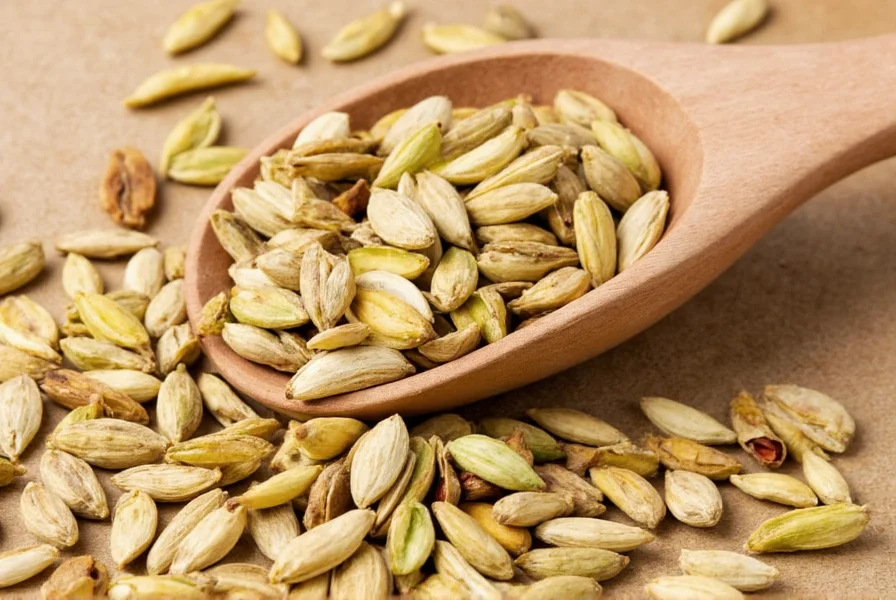 Cardamom seeds next to measuring spoons and recipe book showing cardamom-infused dessert