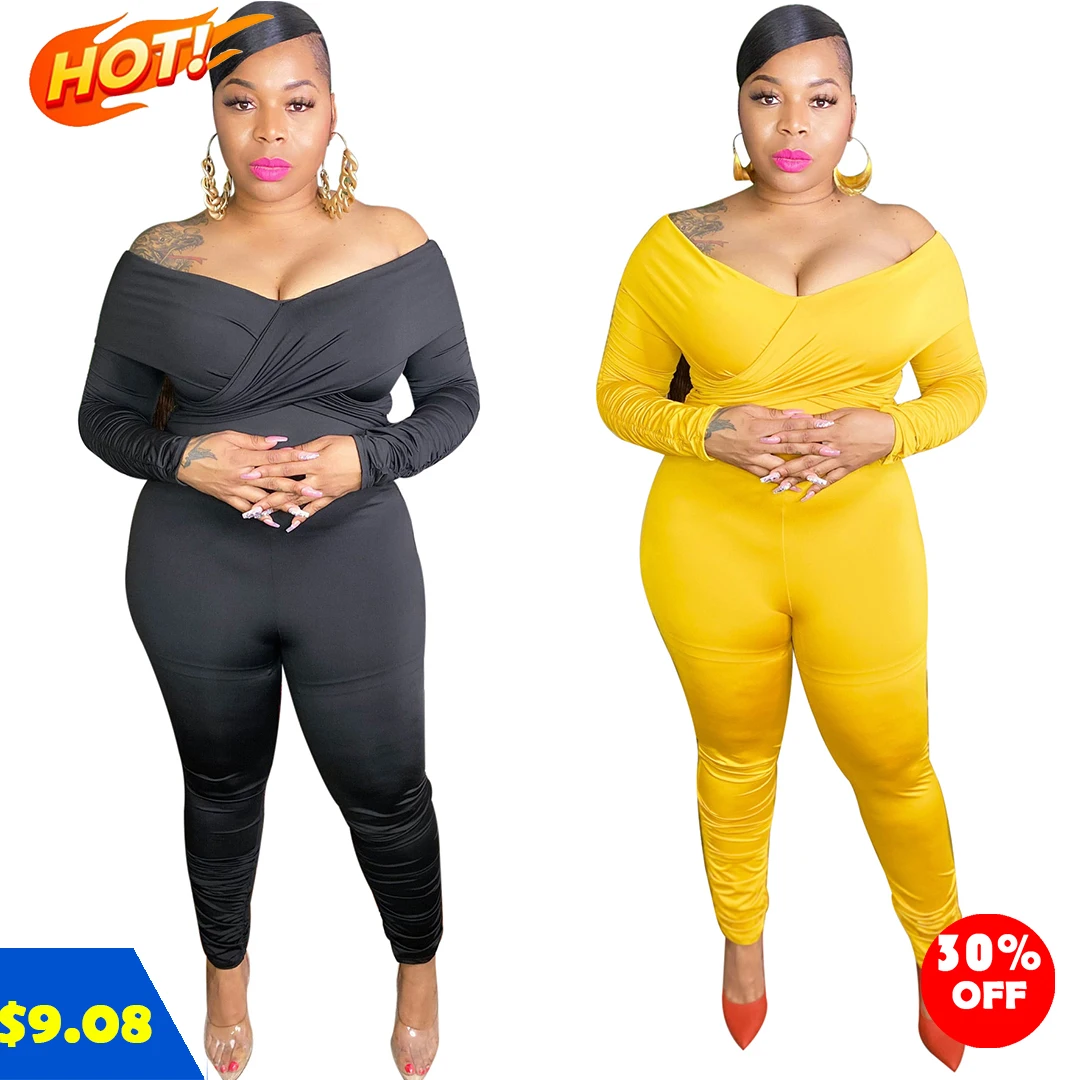 

fall 2021 women clothes Fashion Strapless Off Shoulder Black Long Sleeve Stack Pants Plus Size Jumpsuit For Women, As picture